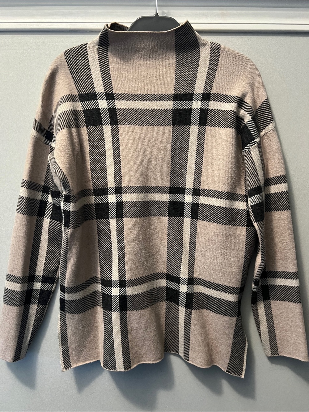 Max Studio Beige & Black Plaid Mock Neck Sweater